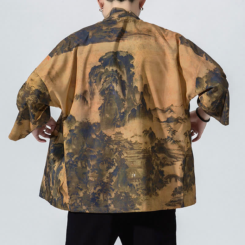 Buddha Stones Kimono da uomo estivo casual vintage con apertura frontale e stampa a onde e gru. - image 9