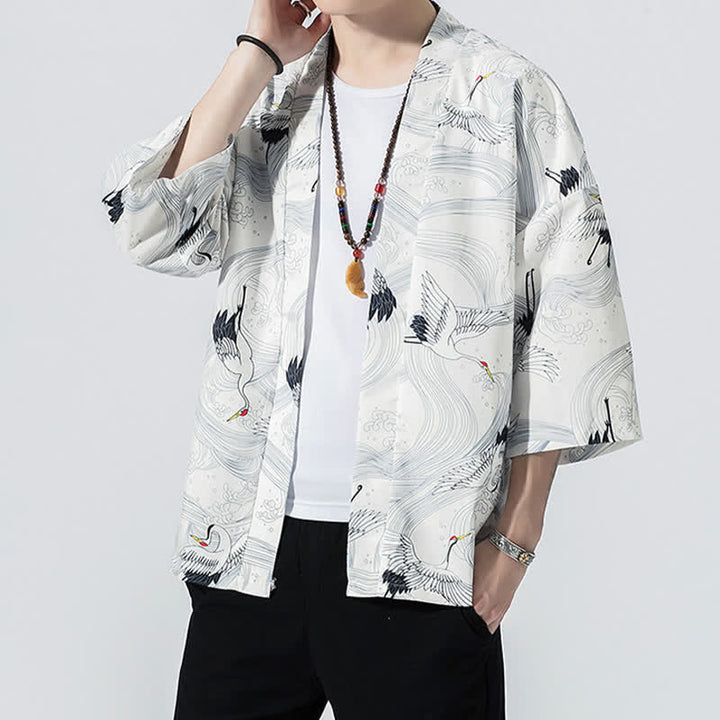 Buddha Stones Kimono da uomo estivo casual vintage con apertura frontale e stampa a onde e gru. - image 13