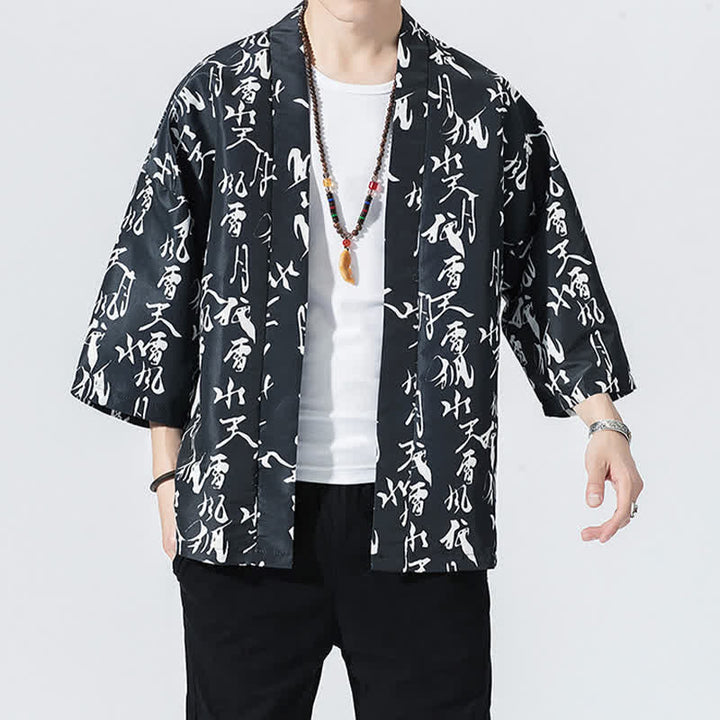 Buddha Stones Kimono da uomo estivo casual vintage con apertura frontale e stampa a onde e gru. - Nero - US/UK/AU46, EU56 (5XL) - image 10