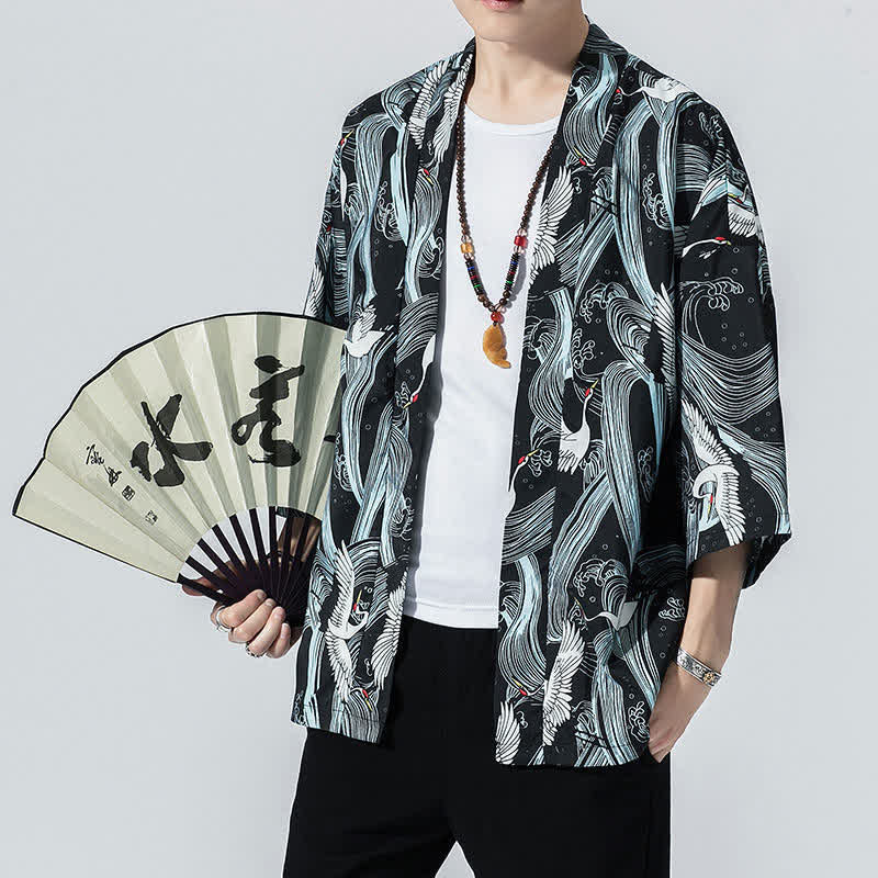 Buddha Stones Kimono da uomo estivo casual vintage con apertura frontale e stampa a onde e gru. - Nero - US/UK/AU46, EU56 (5XL) - image 0