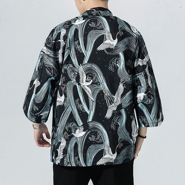 Buddha Stones Kimono da uomo estivo casual vintage con apertura frontale e stampa a onde e gru. - image 2