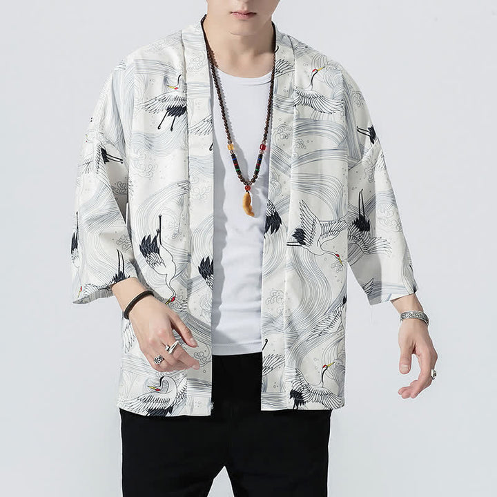 Buddha Stones Kimono da uomo estivo casual vintage con apertura frontale e stampa a onde e gru. - image 11