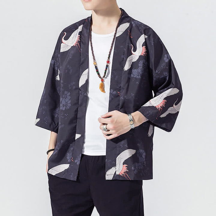 Buddha Stones Kimono da uomo estivo casual vintage con apertura frontale e stampa a onde e gru. - image 5
