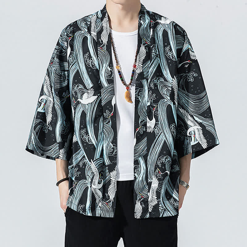 Buddha Stones Kimono da uomo estivo casual vintage con apertura frontale e stampa a onde e gru. - image 1