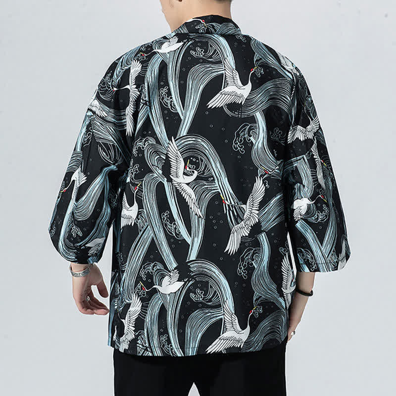 Buddha Stones Kimono da uomo estivo casual vintage con apertura frontale e stampa a onde e gru. - image 2