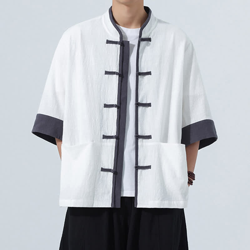 Buddha Stones Camicia da uomo estiva casual a maniche corte in cotone tinta unita con bottoni a rana e taschino, stile Tang. - Bianco - US/UK/AU46, EU56 (5XL) - image 23