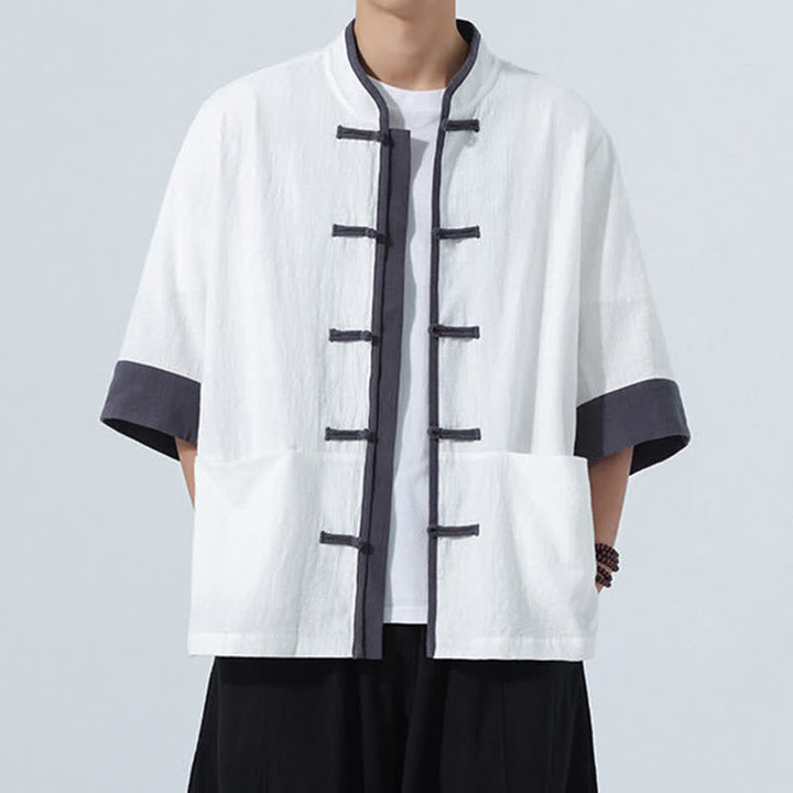Buddha Stones Camicia da uomo estiva casual a maniche corte in cotone tinta unita con bottoni a rana e taschino, stile Tang. - Bianco - US/UK/AU46, EU56 (5XL) - image 23