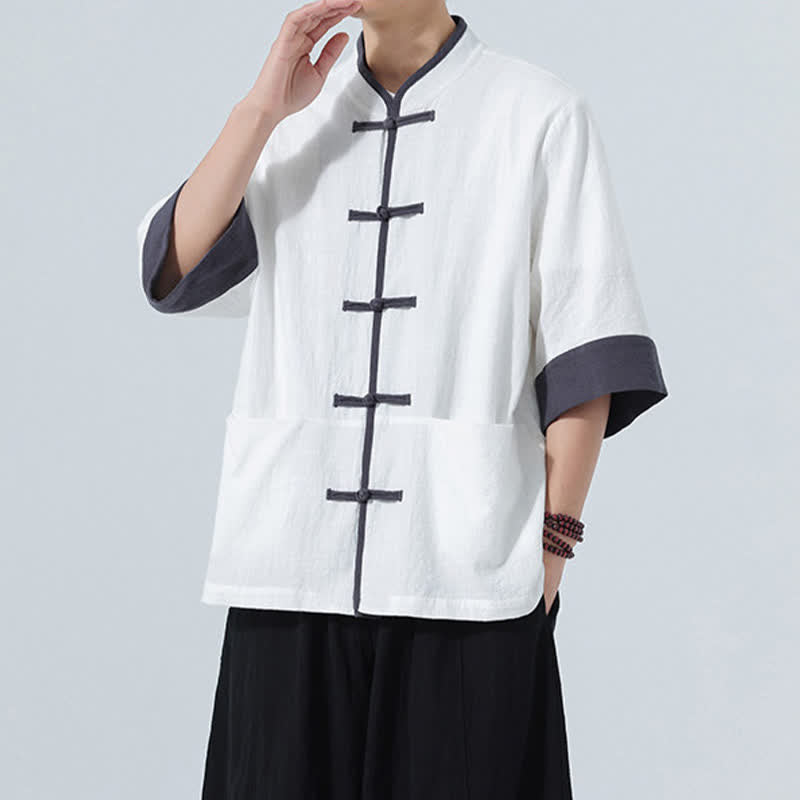 Buddha Stones Camicia da uomo estiva casual a maniche corte in cotone tinta unita con bottoni a rana e taschino, stile Tang. - image 26