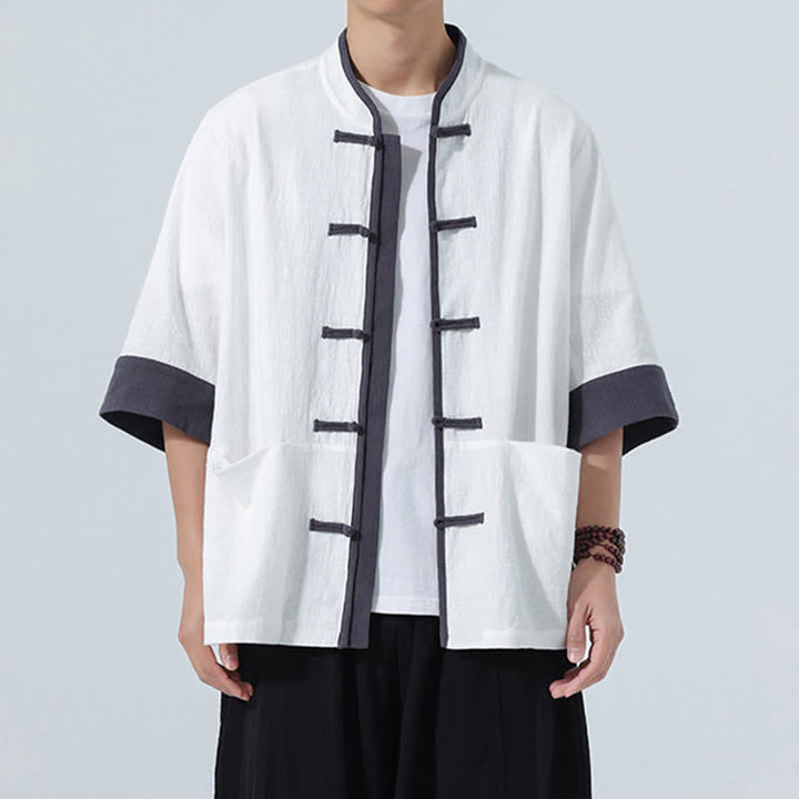 Buddha Stones Camicia da uomo estiva casual a maniche corte in cotone tinta unita con bottoni a rana e taschino, stile Tang. - image 25