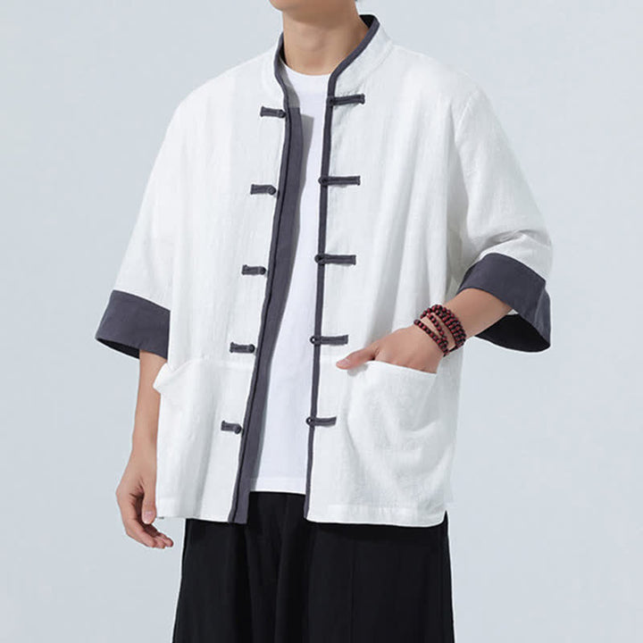 Buddha Stones Camicia da uomo estiva casual a maniche corte in cotone tinta unita con bottoni a rana e taschino, stile Tang. - image 27