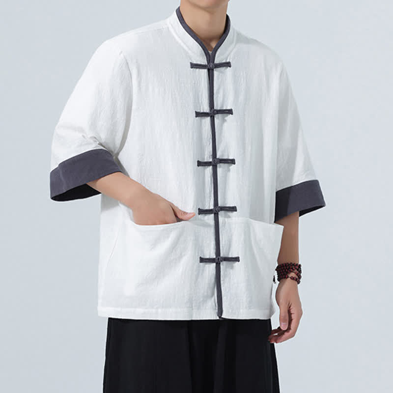 Buddha Stones Camicia da uomo estiva casual a maniche corte in cotone tinta unita con bottoni a rana e taschino, stile Tang. - image 28