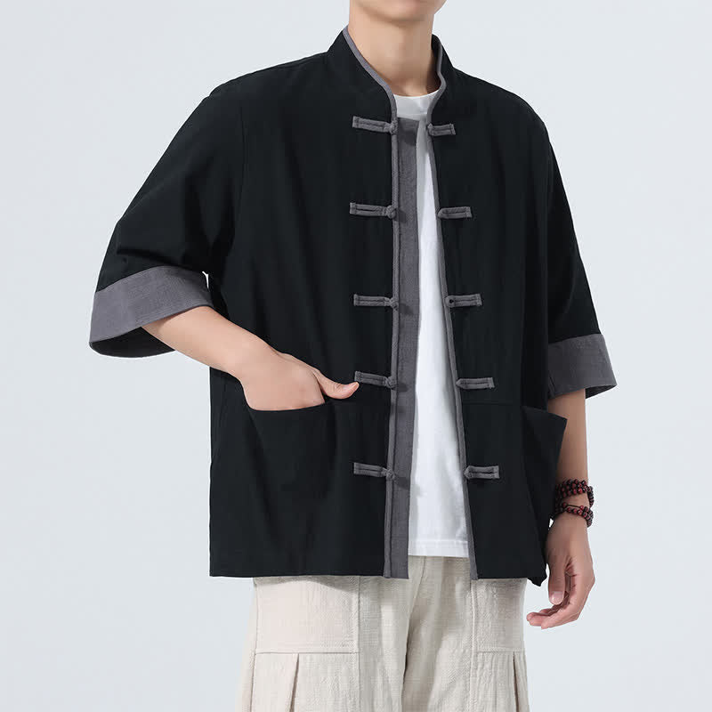 Buddha Stones Camicia da uomo estiva casual a maniche corte in cotone tinta unita con bottoni a rana e taschino, stile Tang. - image 20
