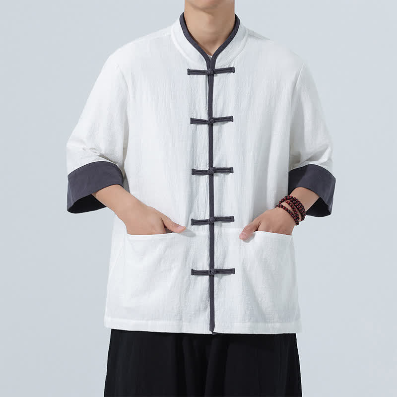 Buddha Stones Camicia da uomo estiva casual a maniche corte in cotone tinta unita con bottoni a rana e taschino, stile Tang. - image 24