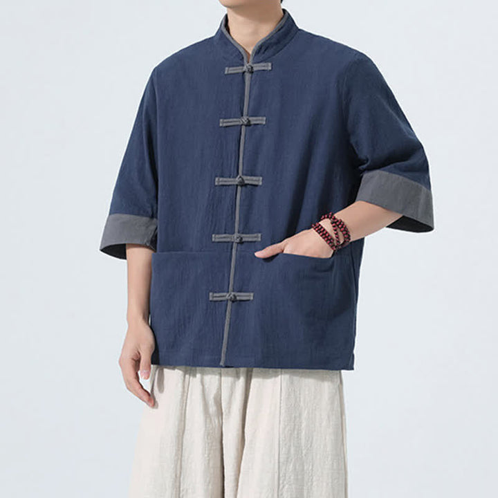 Buddha Stones Camicia da uomo estiva casual a maniche corte in cotone tinta unita con bottoni a rana e taschino, stile Tang. - image 2