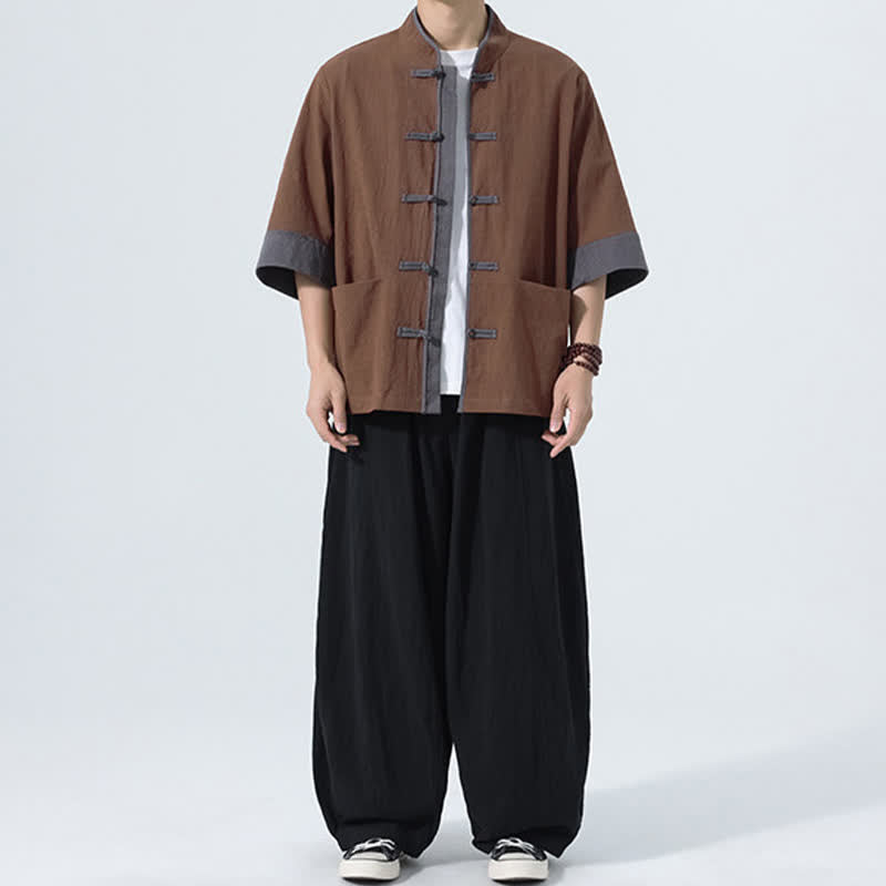 Buddha Stones Camicia da uomo estiva casual a maniche corte in cotone tinta unita con bottoni a rana e taschino, stile Tang. - image 14
