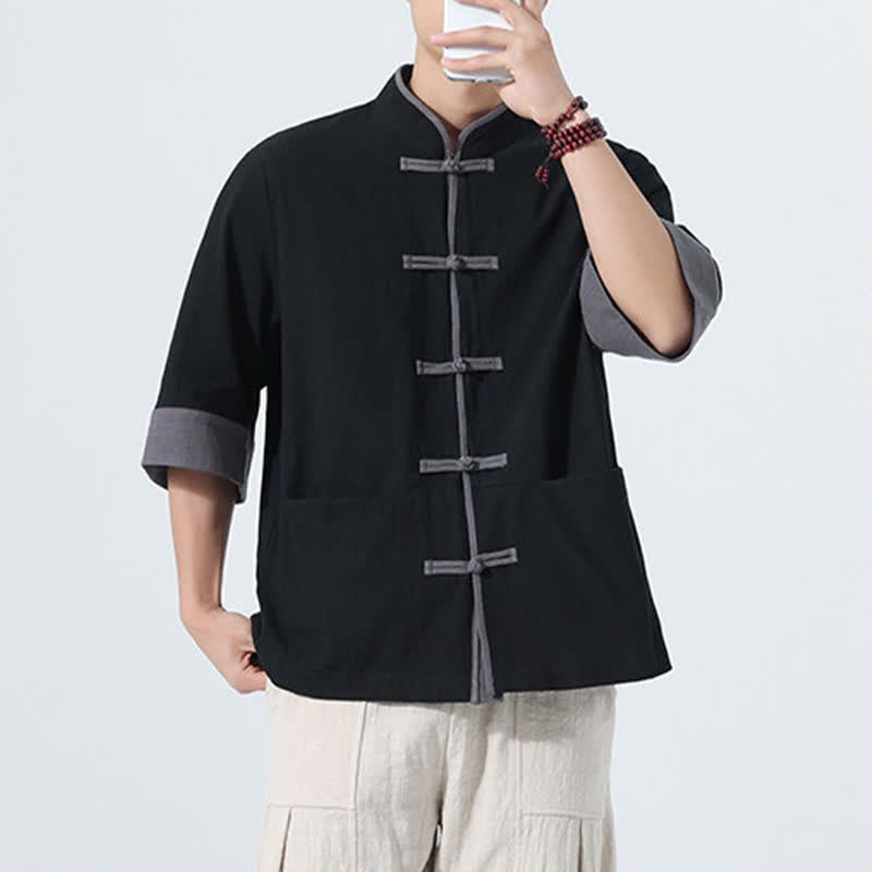 Buddha Stones Camicia da uomo estiva casual a maniche corte in cotone tinta unita con bottoni a rana e taschino, stile Tang. - image 21