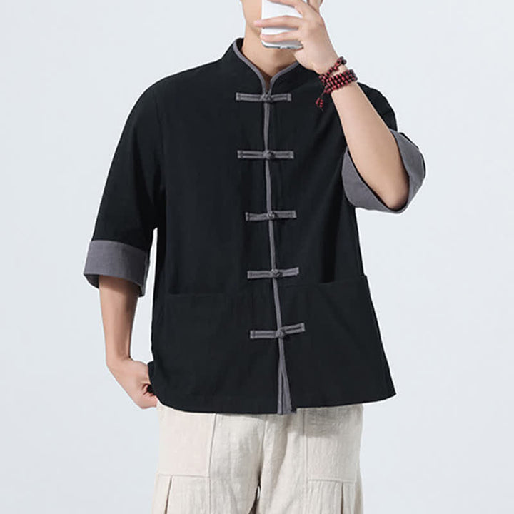 Buddha Stones Camicia da uomo estiva casual a maniche corte in cotone tinta unita con bottoni a rana e taschino, stile Tang. - image 21