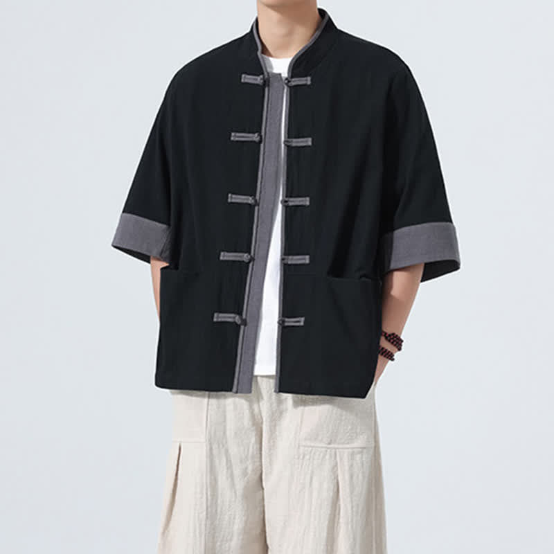 Buddha Stones Camicia da uomo estiva casual a maniche corte in cotone tinta unita con bottoni a rana e taschino, stile Tang. - image 17