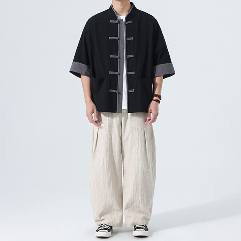 Buddha Stones Camicia da uomo estiva casual a maniche corte in cotone tinta unita con bottoni a rana e taschino, stile Tang. - image 22