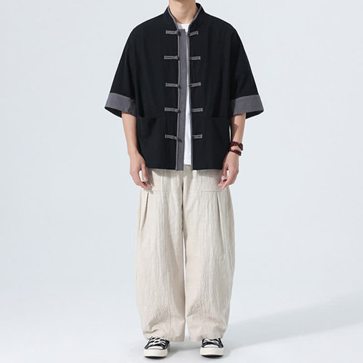 Buddha Stones Camicia da uomo estiva casual a maniche corte in cotone tinta unita con bottoni a rana e taschino, stile Tang. - image 22