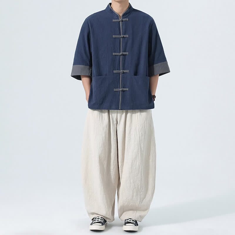 Buddha Stones Camicia da uomo estiva casual a maniche corte in cotone tinta unita con bottoni a rana e taschino, stile Tang. - image 6