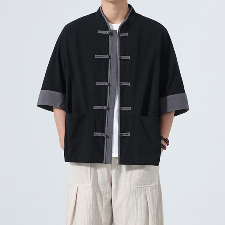 Buddha Stones Camicia da uomo estiva casual a maniche corte in cotone tinta unita con bottoni a rana e taschino, stile Tang. - Nero - US/UK/AU46, EU56 (5XL) - image 16