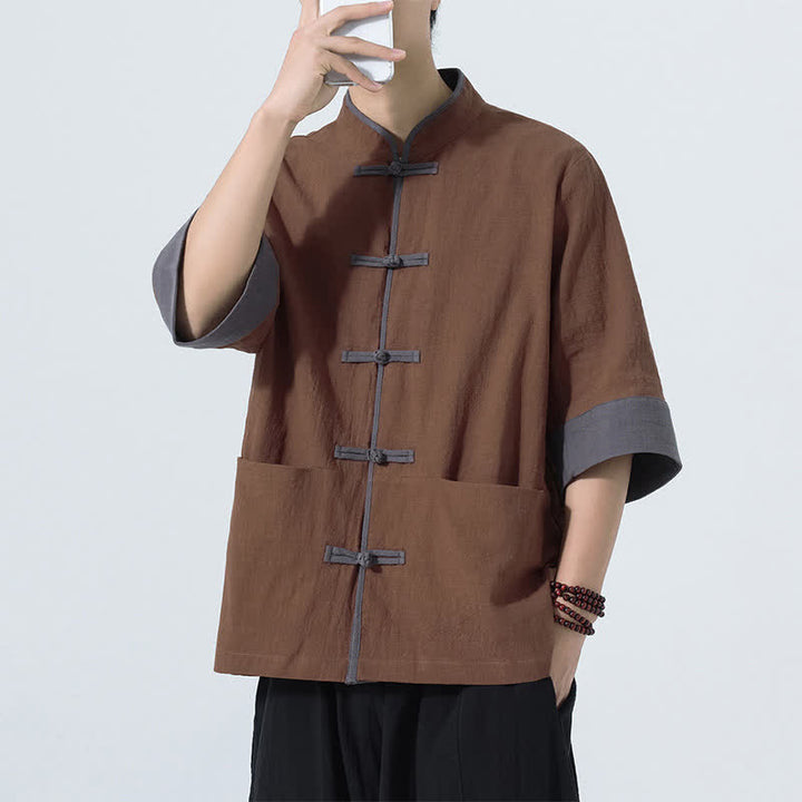 Buddha Stones Camicia da uomo estiva casual a maniche corte in cotone tinta unita con bottoni a rana e taschino, stile Tang. - image 9