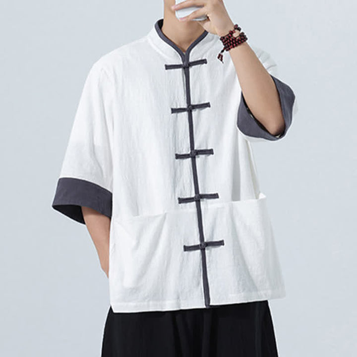 Buddha Stones Camicia da uomo estiva casual a maniche corte in cotone tinta unita con bottoni a rana e taschino, stile Tang. - image 29