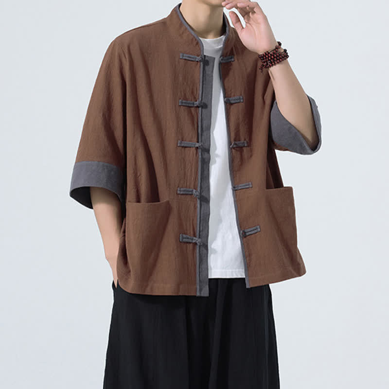Buddha Stones Camicia da uomo estiva casual a maniche corte in cotone tinta unita con bottoni a rana e taschino, stile Tang. - image 13