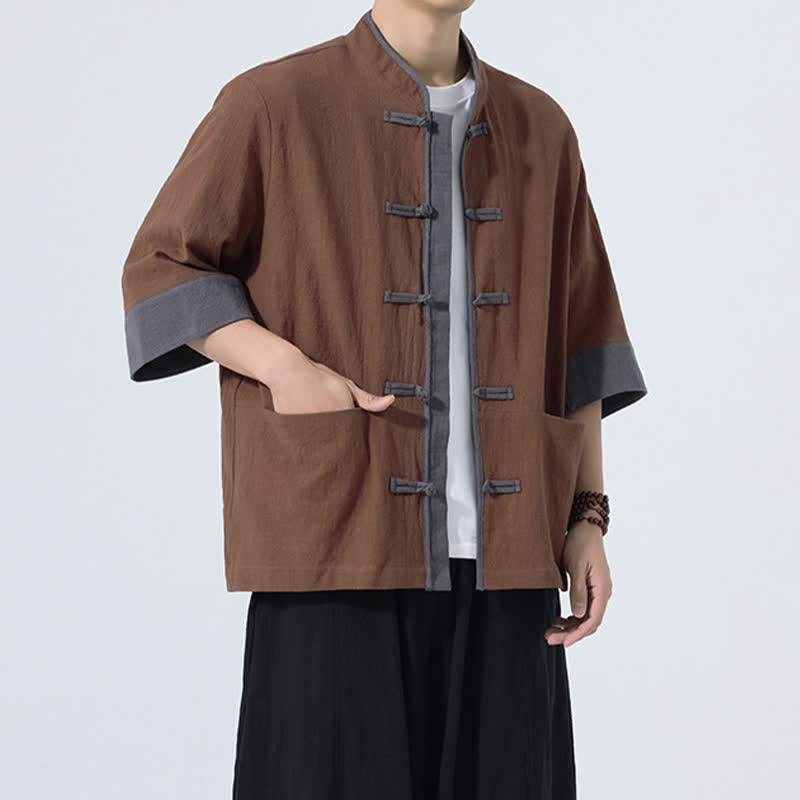 Buddha Stones Camicia da uomo estiva casual a maniche corte in cotone tinta unita con bottoni a rana e taschino, stile Tang. - image 12
