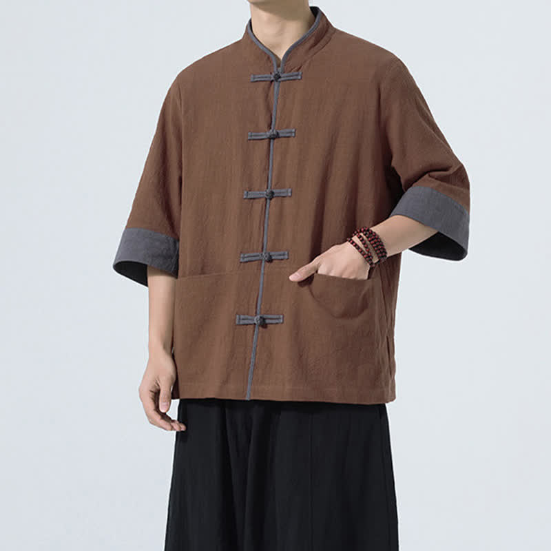 Buddha Stones Camicia da uomo estiva casual a maniche corte in cotone tinta unita con bottoni a rana e taschino, stile Tang. - image 10