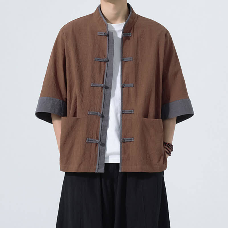Buddha Stones Camicia da uomo estiva casual a maniche corte in cotone tinta unita con bottoni a rana e taschino, stile Tang. - Siena - US/UK/AU46, EU56 (5XL) - image 8
