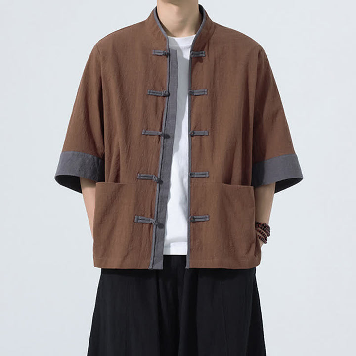 Buddha Stones Camicia da uomo estiva casual a maniche corte in cotone tinta unita con bottoni a rana e taschino, stile Tang. - Siena - US/UK/AU46, EU56 (5XL) - image 8