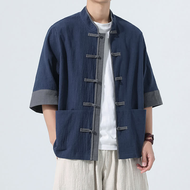 Buddha Stones Camicia da uomo estiva casual a maniche corte in cotone tinta unita con bottoni a rana e taschino, stile Tang. - image 5