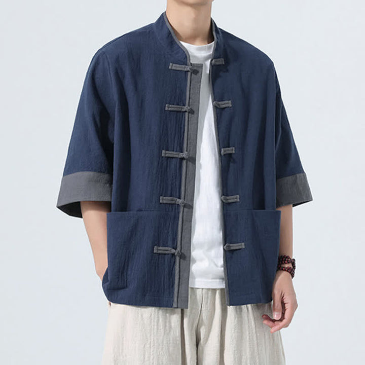 Buddha Stones Camicia da uomo estiva casual a maniche corte in cotone tinta unita con bottoni a rana e taschino, stile Tang. - image 5