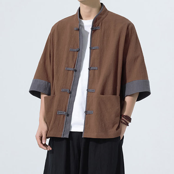 Buddha Stones Camicia da uomo estiva casual a maniche corte in cotone tinta unita con bottoni a rana e taschino, stile Tang. - image 11