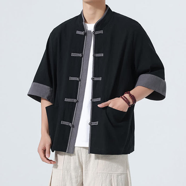 Buddha Stones Camicia da uomo estiva casual a maniche corte in cotone tinta unita con bottoni a rana e taschino, stile Tang. - image 18