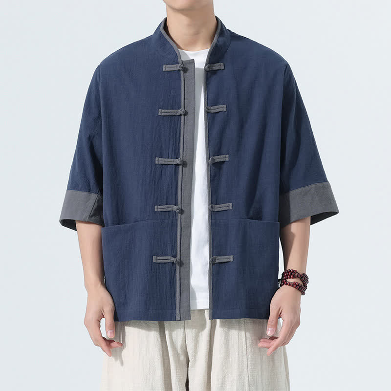 Buddha Stones Camicia da uomo estiva casual a maniche corte in cotone tinta unita con bottoni a rana e taschino, stile Tang. - Marina - US/UK/AU46, EU56 (5XL) - image 0