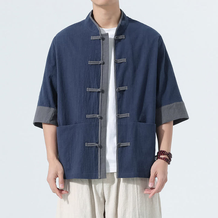 Buddha Stones Camicia da uomo estiva casual a maniche corte in cotone tinta unita con bottoni a rana e taschino, stile Tang. - Marina - US/UK/AU46, EU56 (5XL) - image 0