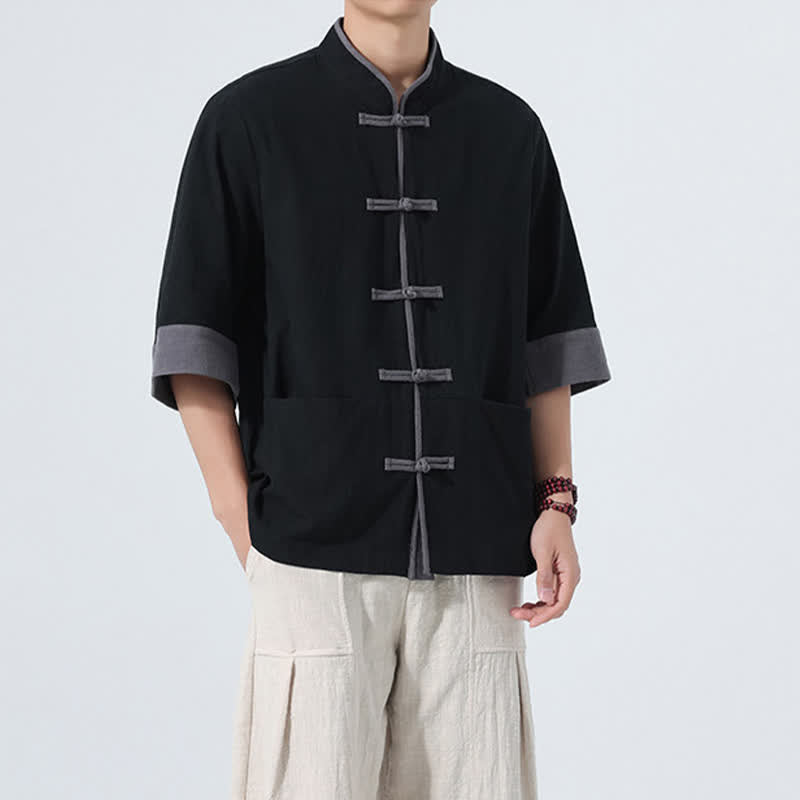 Buddha Stones Camicia da uomo estiva casual a maniche corte in cotone tinta unita con bottoni a rana e taschino, stile Tang. - image 19