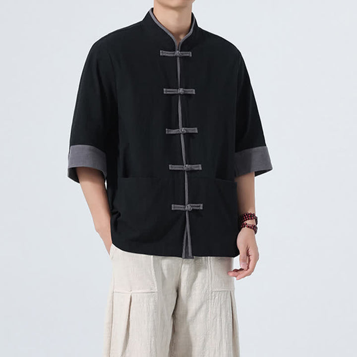 Buddha Stones Camicia da uomo estiva casual a maniche corte in cotone tinta unita con bottoni a rana e taschino, stile Tang. - image 19