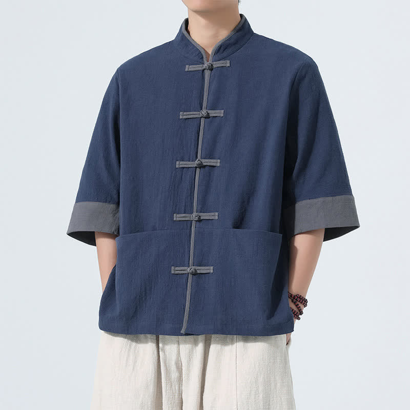 Buddha Stones Camicia da uomo estiva casual a maniche corte in cotone tinta unita con bottoni a rana e taschino, stile Tang. - image 1