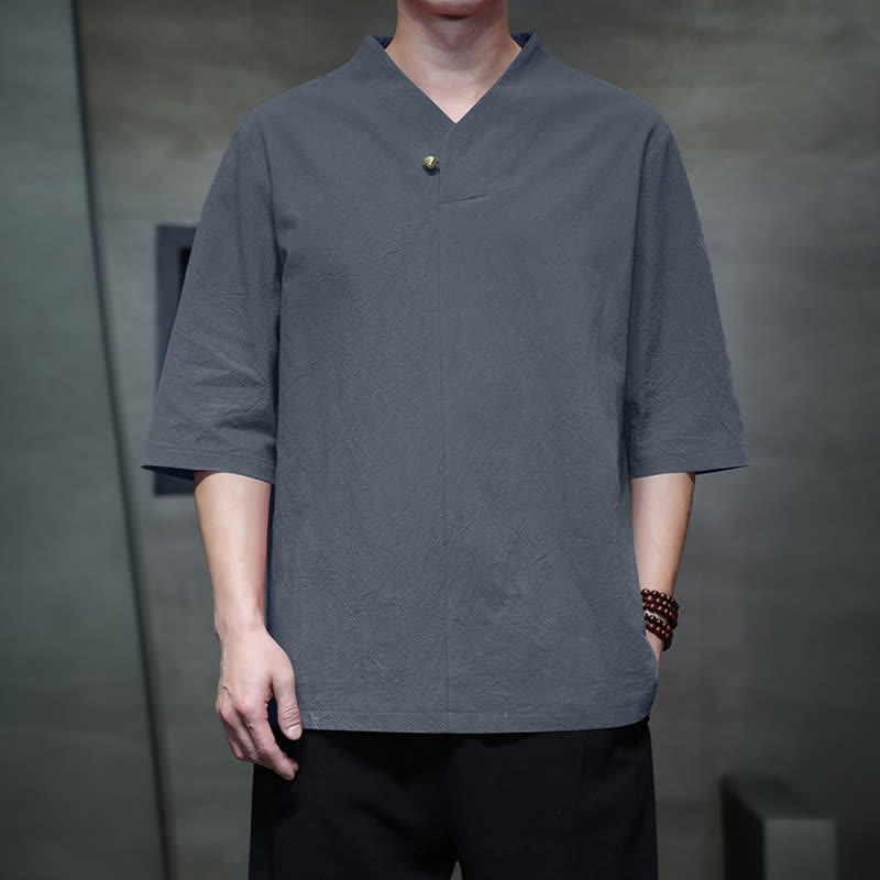 Buddha Stones Camicia da uomo estiva casual a maniche corte con colletto alla coreana e taglio Tang. - image 1