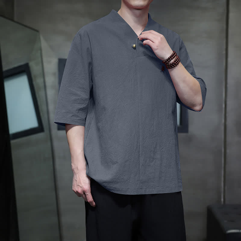 Buddha Stones Camicia da uomo estiva casual a maniche corte con colletto alla coreana e taglio Tang. - Grigio ardesia - US/UK/AU46, EU56 (5XL) - image 0
