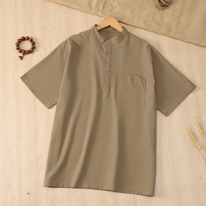 Buddha Stones Camicia da uomo estiva casual a maniche corte con colletto alla coreana e taschino, in stile Tang. - image 3