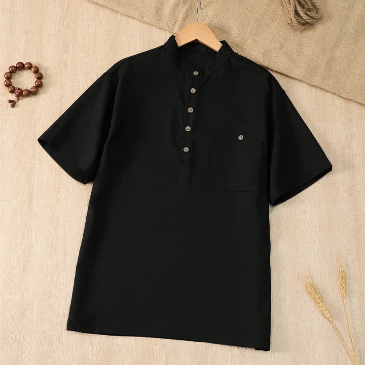 Buddha Stones Camicia da uomo estiva casual a maniche corte con colletto alla coreana e taschino, in stile Tang. - Nero - US/UK/AU42, EU52 (3XL) - image 10