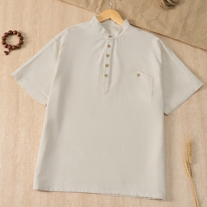Buddha Stones Camicia da uomo estiva casual a maniche corte con colletto alla coreana e taschino, in stile Tang. - Beige - US/UK/AU42, EU52 (3XL) - image 19