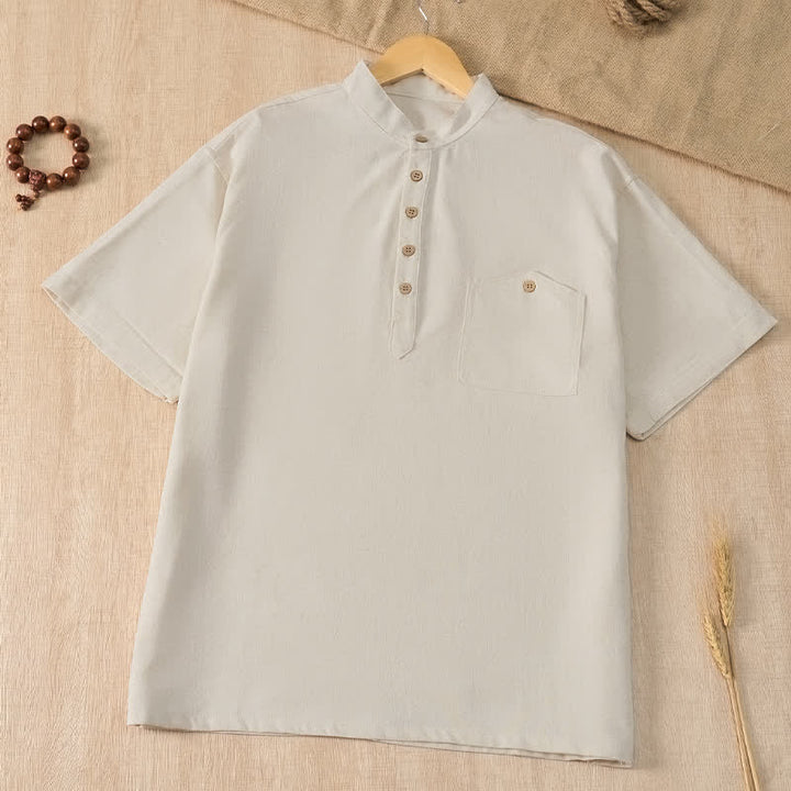Buddha Stones Camicia da uomo estiva casual a maniche corte con colletto alla coreana e taschino, in stile Tang. - Beige - US/UK/AU42, EU52 (3XL) - image 19