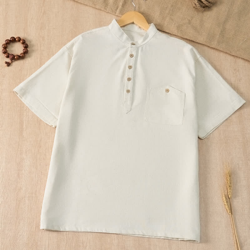 Buddha Stones Camicia da uomo estiva casual a maniche corte con colletto alla coreana e taschino, in stile Tang. - Bianco - US/UK/AU42, EU52 (3XL) - image 27