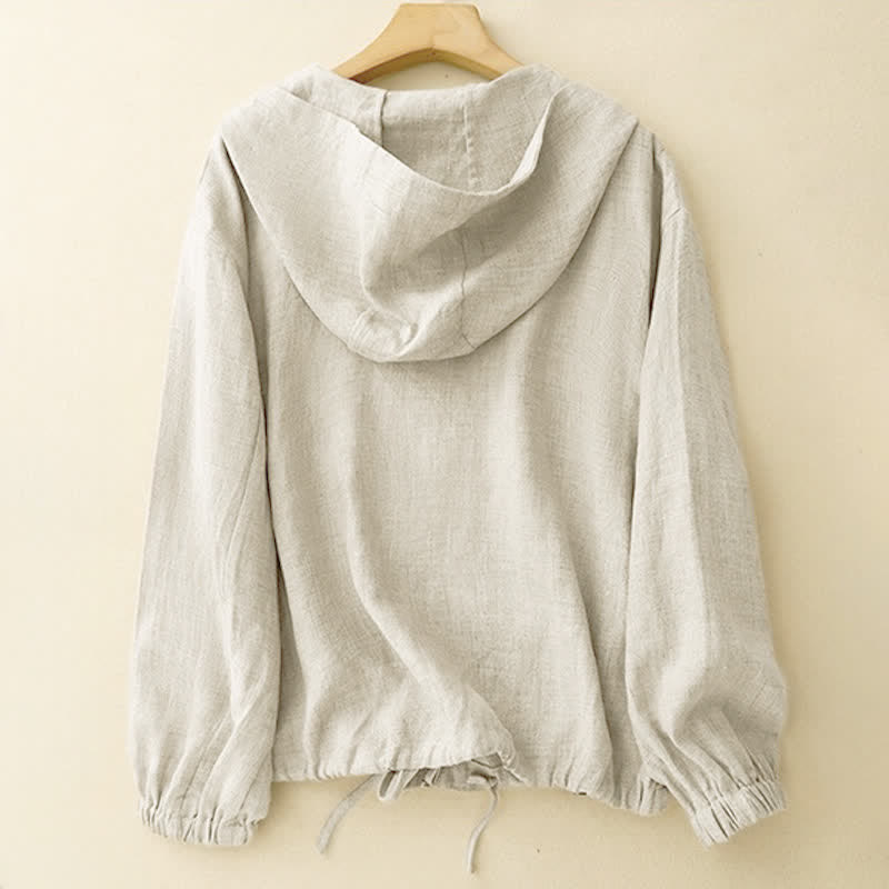 Buddha Stones Camicia da donna estiva casual minimalista a maniche lunghe con coulisse e tasca, tinta unita. - image 1